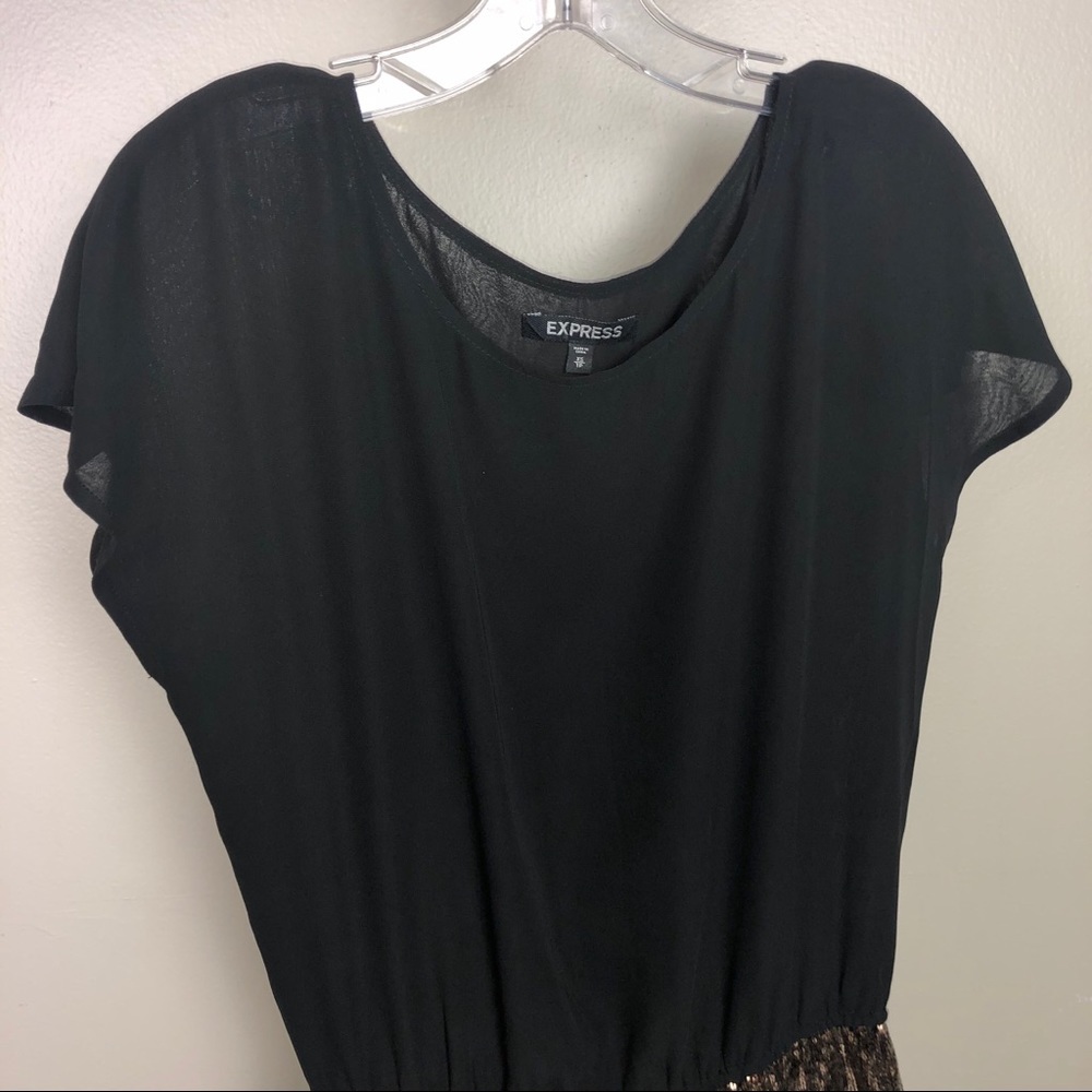 Express Y2K Blouson Mini Dress Black Drop Waist Copper Gold Sequin Skirt Size XS - Picture 8 of 8
